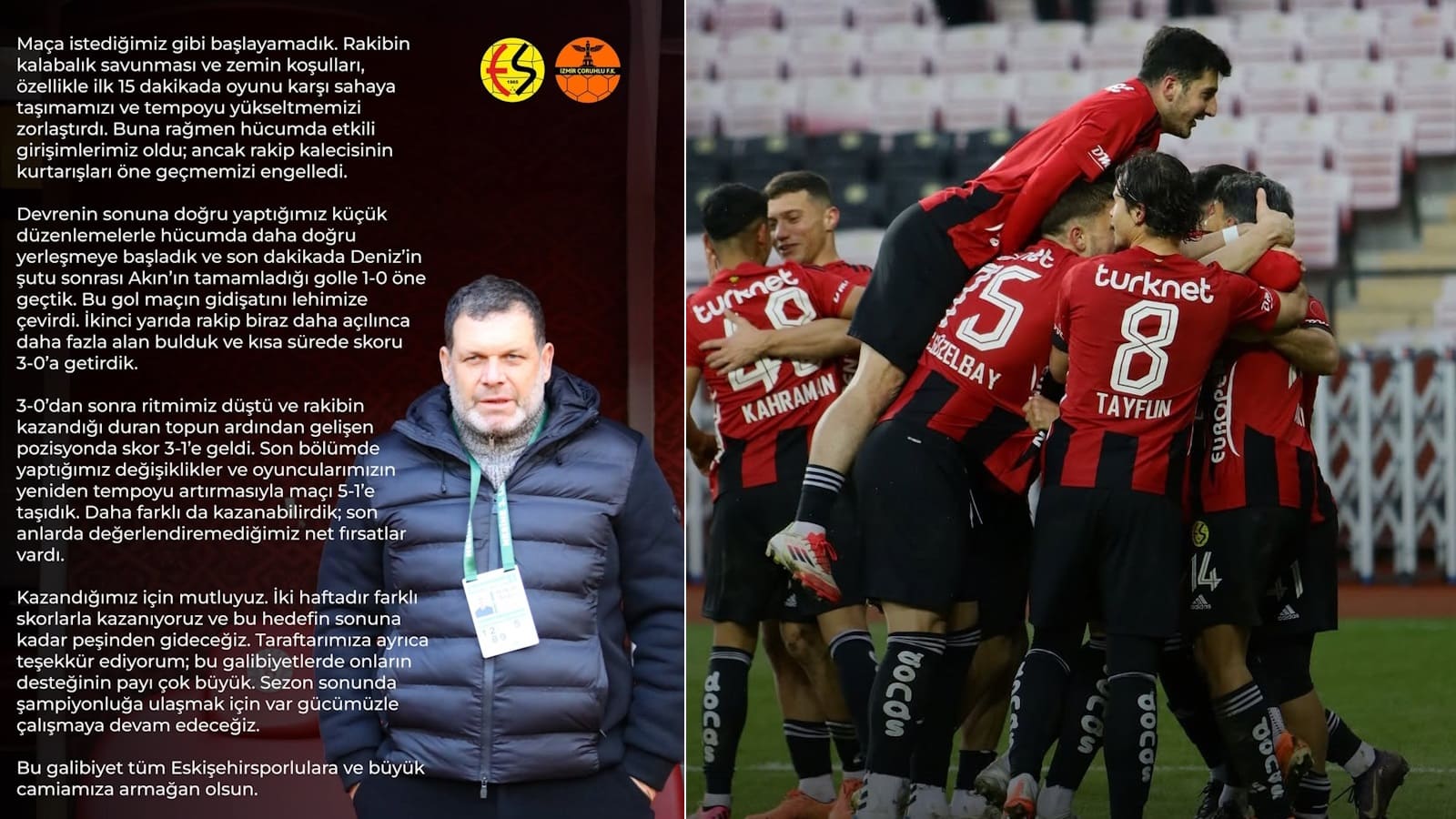 Eskişehirspor Teknik Direktörü Hakan Şapcı: "Şampiyonluk hedefinin peşinden sonuna kadar gideceğiz"